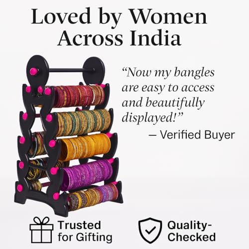 Image of Plastic Bangle Organizer Stand - Black with Pink | 24L x 20B x 43H cm | 5-Step 10-Section Display Rack | Bangle Storage Box for Women | Jewellery Display Stand & Chudi Holder