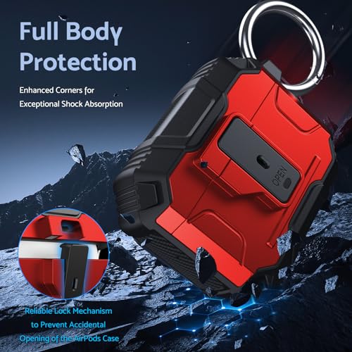 DASFOND Armor Cover AirPods 3 Generation Case, Military Grade Full Body Shockproof Protection Hard Case, Support Wireless Charging with Keychain, Magnetic Lid, Front LED Visible, Red