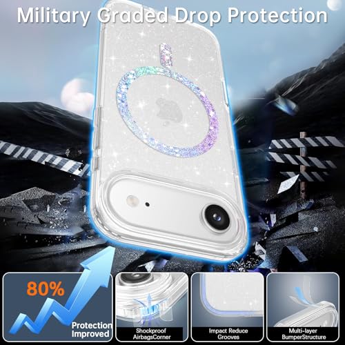 Image of DOMAVER for iPhone Air Case Glitter, Magnetic Case Compatible with MagSafe, Shockproof Military Grade Drop Protection, Slim Sparkle Bling iPhone 17 Air Cover for Women Girls, Clear