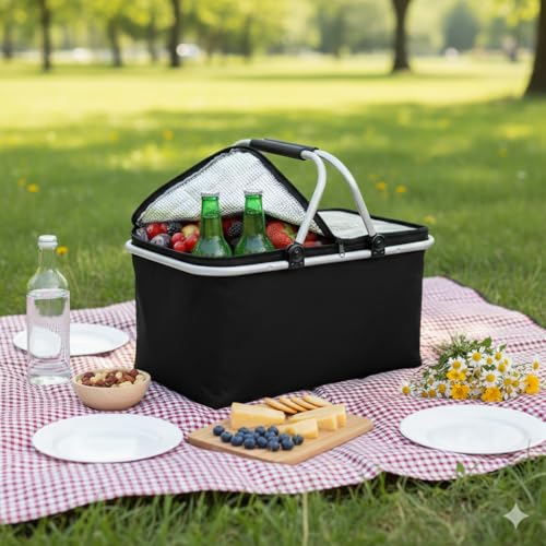 Kühltasche Groß 43x23x21 cm - Isolierte Picknickkorb Thermo mit Aluminiumrahmen - Kühlkorb für Büro, Camping und Reisen - Isoliertasche - Einkaufskorb Isoliert - Schwarz