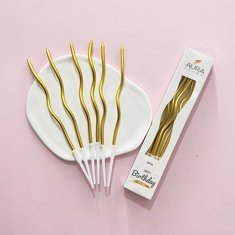 Aura Decor Premium Birthday Candles | Twisted Candles for Birthday Cake | Candle Set | Aesthetic Candle Long | Anniversary (6 pcs/Pack) (Spiral Gold, Pack of 1)