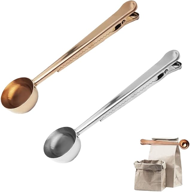 Cyleibe 2 Pack Coffee Scoop, Stainless Steel Measuring Spoon with Coffee Bag Clip for Ground Coffee, Espresso, Coffee Beans (Silver & Rose Gold)