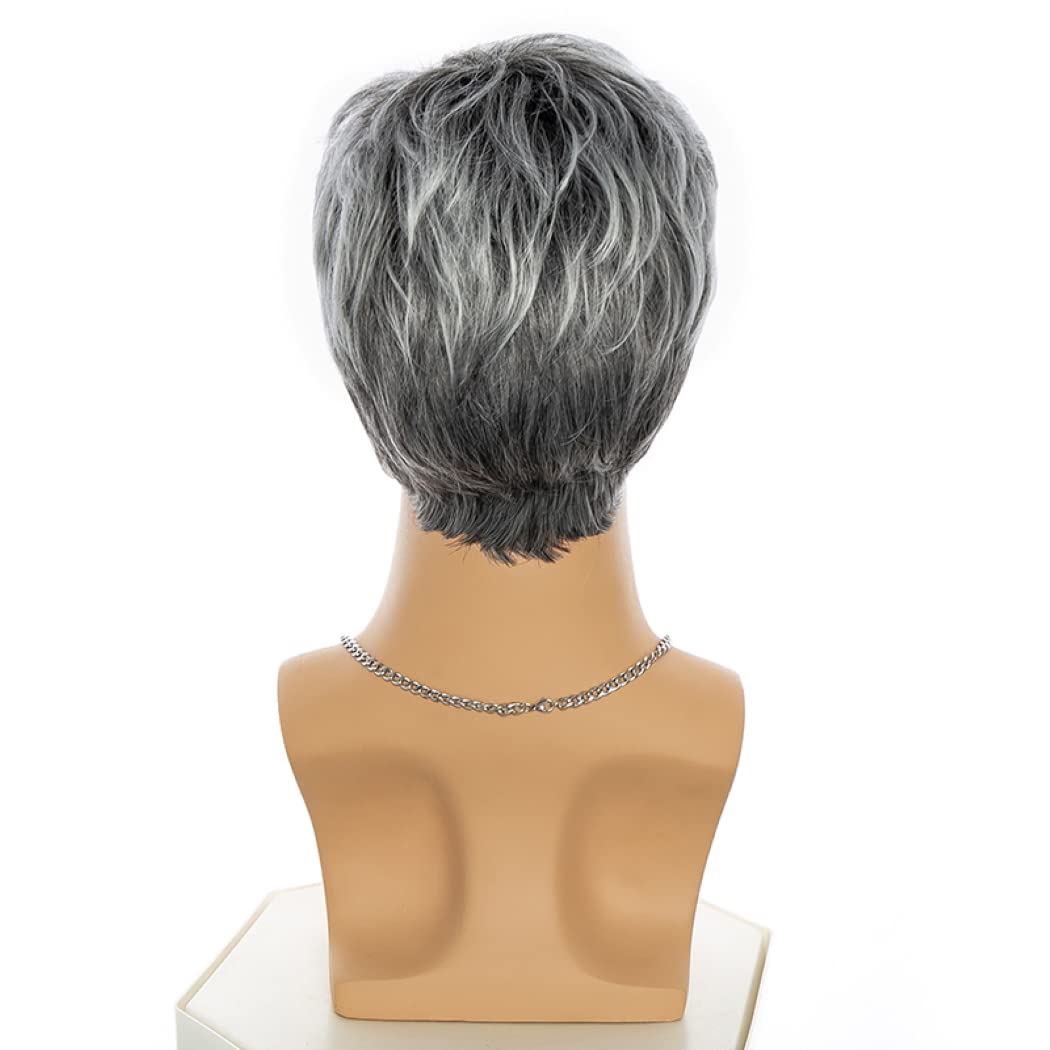 Parrucche sintetiche dritte grigie miste corte per uomini giovani con frangia Toupee per capelli per uomo Parrucche a strati soffici ed eleganti naturali Parrucche da uomo (Grigio misto)