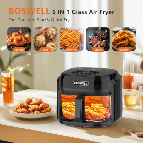 Image of BOSWELL Glass Air Fryer, 7.5QT with Transparent Fry Bowl, Circulating Heating, Temperature Control, Air Fryer Roast, Dishwasher Safe