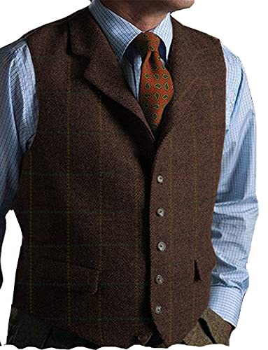 Tuikayoo Mens Retro Suit Vest Plaid Casual Notch Lapel Wool Waistcoat Tweed Herringbone Groomsmen2