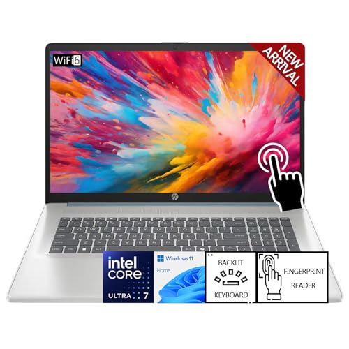 Image of HP 17.3 inch HD+ Touchscreen Laptop, Intel Core Ultra 7 255U (12-Core, Up to 5.2GHz), 8GB DDR5 RAM, 256GB SSD, Copilot AI, Backlit Keyboard, Fingerprint Reader, WiFi 6, Windows 11 Home