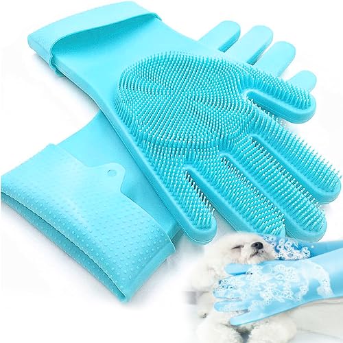 XFLYP Guantes para Mascotas, Guantes de Masaje de Silicona para Bañar Perro, Gato, Mascotas, Fácil de Hacer Espuma, Suave y no Daña la Piel, Diseño para Colgar(Azul)