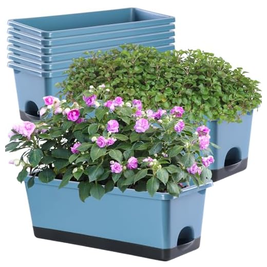 Oliz Window Box Planter 8 Pcs, 17 Inches Rectangle Flower Pots with Drainage Holes and Trays, Vegetable Planters for Windowsill Patio Garden Balcony Home Porch Yard Indoor Outdoor (Blue)