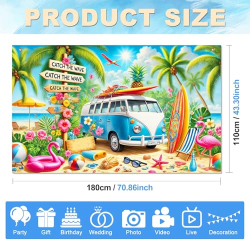 Image of BlissYard Summer Beach Party Decorations 71 x 43 Inch Hawaiian Tropical Surf Van Beach Party Banner Flamingo Palm Tree Photo Background Indoor Outdoor Summer Wall Decor