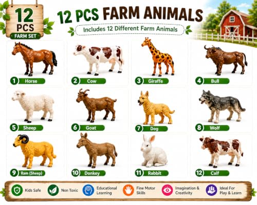 Image of Brand Conquer Farm Animal Toys for Kids, 12 Pcs Realistic Farm Animal Figures Set, Non-Toxic Plastic Learning Toys for Boys & Girls, Educational Montessori Animal Playset, Birthday Gift for 3+ Years