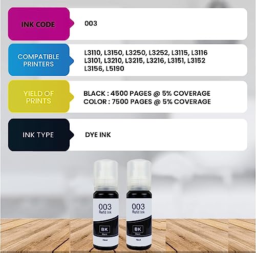 Image of QUINK Refill Ink for Epson 003 Ink for L3110, L3150, L3250, L3252 L3101, L3210, L3215, L3216, L3151, L3152, L3156, L5190 (Black Ink)