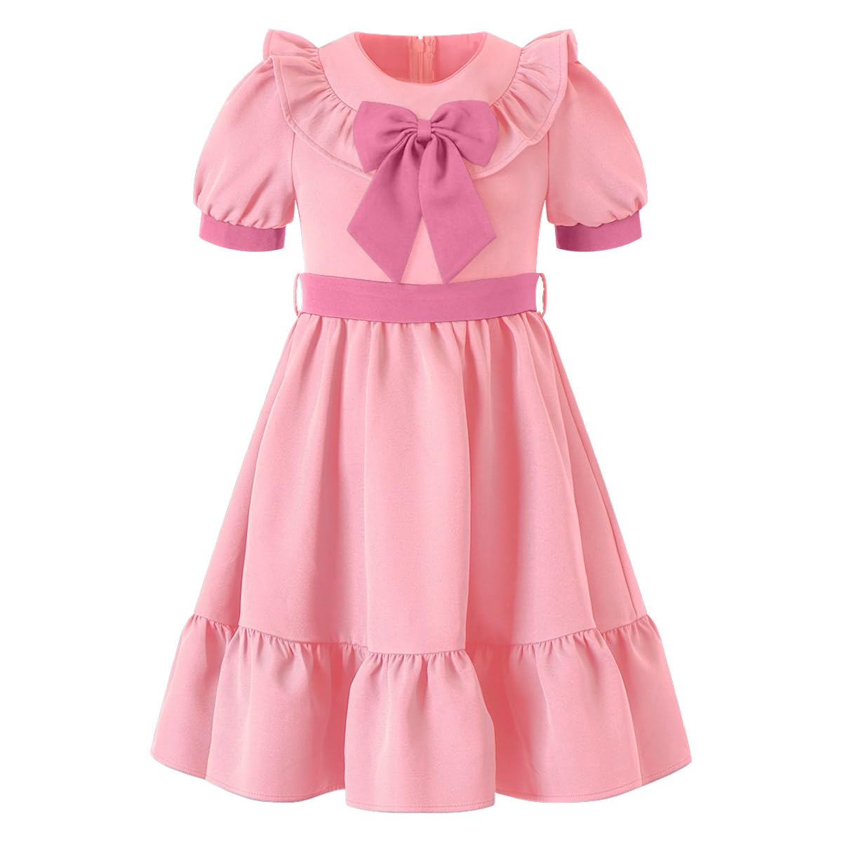 ABEHIK Vestito estivo da principessa con fiocco, maniche a sbuffo, abito da bambina, lunghezza al ginocchio, abito casual per scuola per 5-12 anni