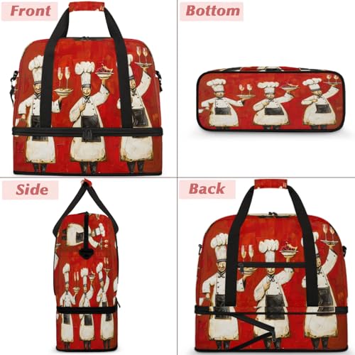 Red White Chef Travel Duffel Bags for Women & Men Large Sports Gym Bags Foldie Weekender Overnight Bag Carry On Tote Bag With Shoe Compartment Personal Item Bag for Travel Sports Gym3