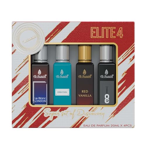 Al-Nuaim Elite 4 EDP Gift Set For Men & Women (4 X 20ml) | Le Blanc London | Erba Pura | Red Vanilla | 8PM | Long Lasting Fragrance (Pack of 4)
