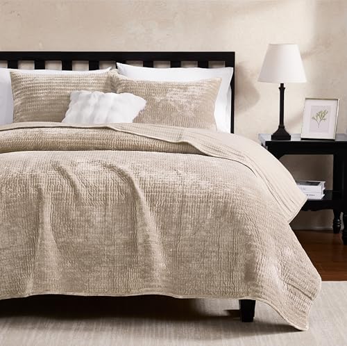 WDCOZY Velvet Queen Size Quilt Set - Beige Striped Pick Stitch Soft Lightweight Bedspread Neutral Channel Farmhouse Country Rustic Coverlet Modern Bedding Warm Thin Comforter 3 Pieces