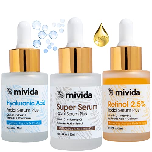 Mivida Facial Serum Set Of 3 | Hyaluronic Acid Serum + Retinol 2.5% Serum + Vitamin C 20% Serum | Anti-Aging, Hydrating, Brightening & Firming Serum For Face | Skincare Set | 1 Fl Oz - Pack Of 3 #TOP4