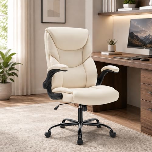 Image of Ergonomic PU Leather Office Chair - Executive Computer Desk Chair with Lumbar Support & Wide Seat, Adjustable Height Task Chair with 360 Swivel & Quiet Wheels for Home Office, Gaming, White