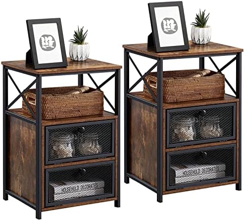 WTdianpu Set of 2, Modern Night Stands Side End Tables with Drawers and Storage Shelf for Bedroom, Living Room, Industrial Design, 2 Nightstands Set, Brown
