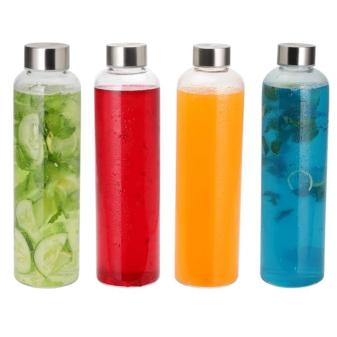 Image of SIMPARTE Borosilicate GlassWater Bottles 500ml with Sleeve - Set of 4 | Freezer Safe, Easy to Clean, Leak-Proof | Stainless Cap | Ideal for Travel, Office, School
