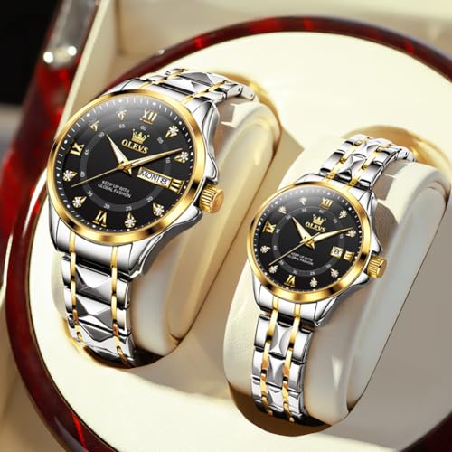 Image of OLEVS Couple Watch Set - His & Her Matching Watches with Luxury Diamond Accents - Romantic Valentine's Day Stainless Steel Original Quartz Men's and Women's Watch Lovers Set