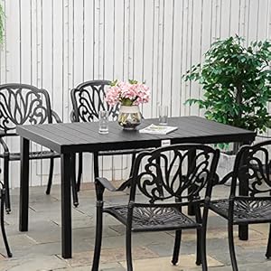 Outsunny Outdoor Dining Table for 6 Person, Rectangular Patio Table, Aluminum Metal Legs for Garden, Lawn, Patio, Woodgrain Black Outsunny Outdoor Dining Table for 6 Person Rectangular Patio Table Aluminum Metal Legs for Garden Lawn Patio Woodgrain Black