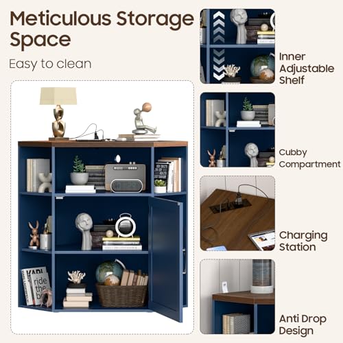 Image of Halitaa Corner Storage Cabinet, Farmhouse Corner Bookshelf with Storage 6-Cubby Wooden Cabinet with USB Ports and Outlets Industrial Organizer for Small Space, Study, Playroom, Blue and Brown