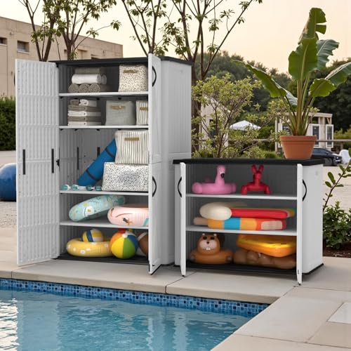 Image of Devoko 26 Cu Ft Resin Outdoor Storage Cabinet, White | Horizontal Plastic Storage Shed with Lockable Door, Water-Resistant Backyard Storage Box for Garden Patio, Shelf Not Included