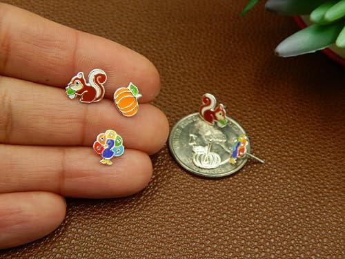 925 Sterling Silver Set of 3 pairs Fall/Thanksgiving Theme Squirrel w/Acorn Orange Pumpkin Turkey Stud Earrings3