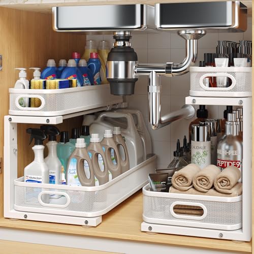 Image of 2 Pack 19.3IN-Depth Under Sink Organizer with Smooth Cylindrical Rail,2-Tier Pull Out Multi-Purpose Cabinet Storage for Bathroom&Kitchen,Height Adjustable,Rust-Resistant Coating-White