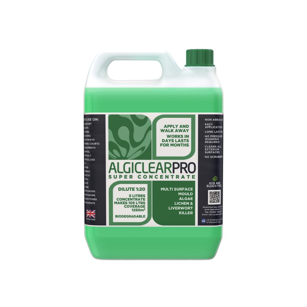 Algiclear Pro Concentrate - Green Algae, Liverwort & Mould Remover for Large Outdoor Spaces – Cleans & Brightens Fences, Roof Tiles, Solar Panels, Concrete, Tarmac & Bricks up to 1250 m² - 5 Litres