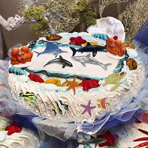 22 Pack Shark Cake Topper, Sea Creatures Figurines Decor, Ocean Theme Birthday Party Cupcake Picks Decor, Starfish Sea Grass Turtle Cake Decorations For Kids Boys Girls Baby Shower Party Supplies #TOP5