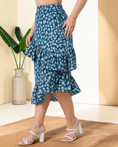 Image of OOMPH! Women Floral Printed Asymmetric Ruffled Midi Skirt | Elegant Flowy Fit | Mid-Rise | Lightweight & Breathable | Flared Hem | Summer Casual Skirt
