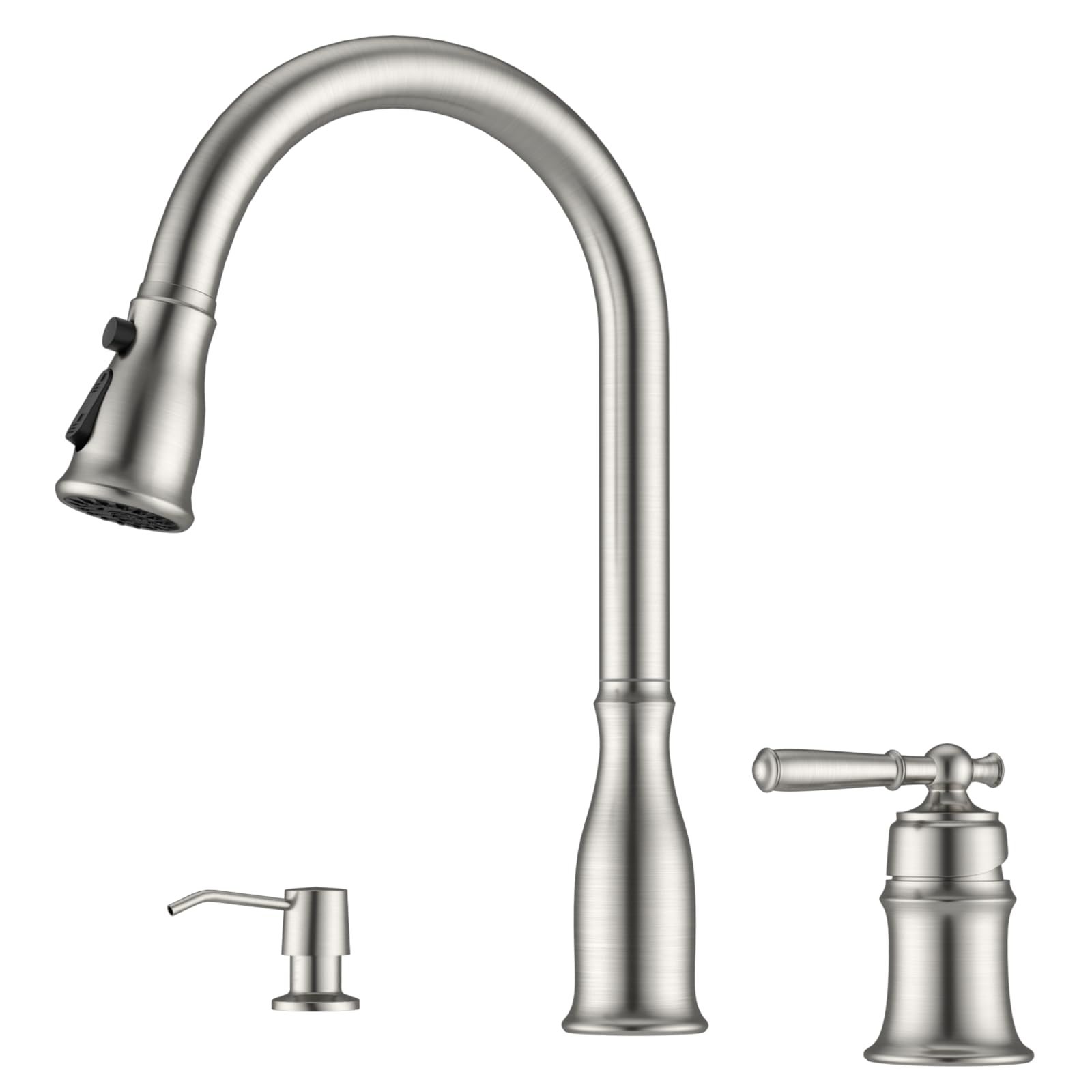 DAYONE - Grifos de fregadero de cocina de 3 agujeros con pulverizador extraíble y dispensador de jabón, llave de fregadero de níquel cepillado de 2 agujeros para cocina, arco alto de un solo mango