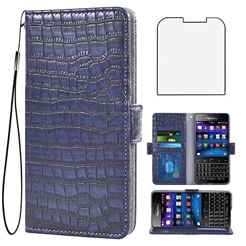 Asuwish Compatible with BlackBerry Classic Q20 Wallet Case with Protective Film and Leather Flip Card Holder Stand Cell Accessories Phone Cover for SQC100 Women Men Blue