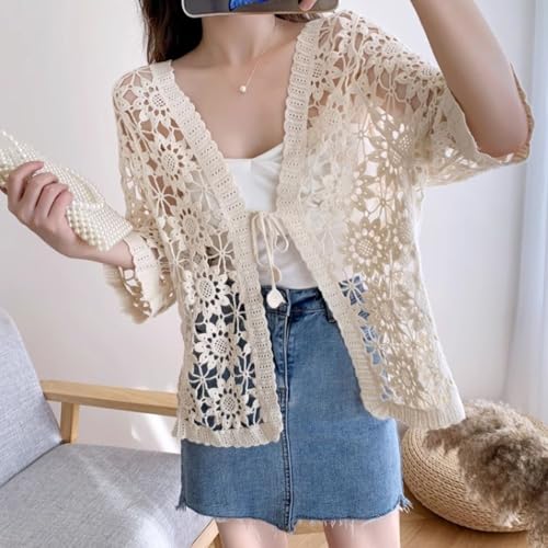 Chevara Women’s Casual Summer Lace Cardigan 3/4 Sleeve Floral Crochet Tie Front Cardigans Shrug Sweaters2