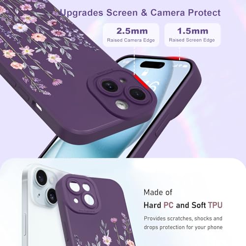 Image of Designed for iPhone 15 Case Flower for Women Girls, Dark Purple | Cute Floral Pattern Liquid Silicone Phone Case [Full Camera Protection] Slim Soft TPU Protective Cover