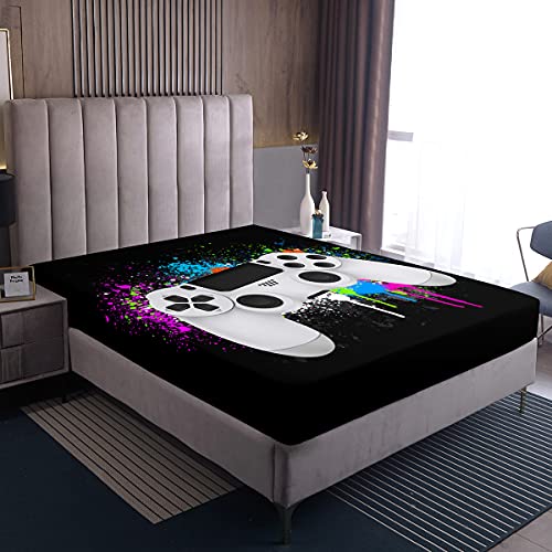 Gamepad Spannbettlaken Jungen Gamer Spannbetttuch 140x200cm Weißes Videospiel Gamepad Aquarell-Spritzfarbe Bettlaken Für Kinder Schlafzimmer Dekor Bunte Krawattenfarbe Modern Game Controller