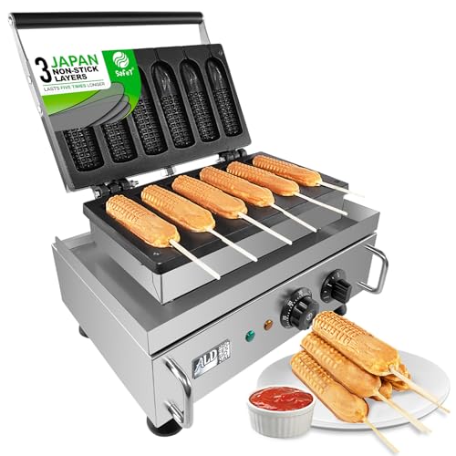 ALDKitchen Corn Dog Waffle Maker for Commercial Use | 6 Hotdog Waffles on a Stick | Stainless Steel | 110V (6 Corn Dogs)