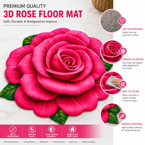 Image of 3D Rose & Floral Door Mat | Water Absorbent, Anti-Skid, Machine Washable Floor Mat | Soft Microfiber Carpet for Home, Living Room & Bedroom | Premium Decorative Mat (22x22 Inch) (Pink, Rose)