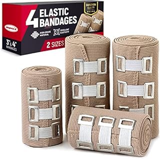 Premium Compression Bandage - Pack of 4 - (2 x 7.5cm + 2 x 10cm) - Durable Elastic Bandage Wrap + 12 Extra Clips - Stretches up to 4.6m