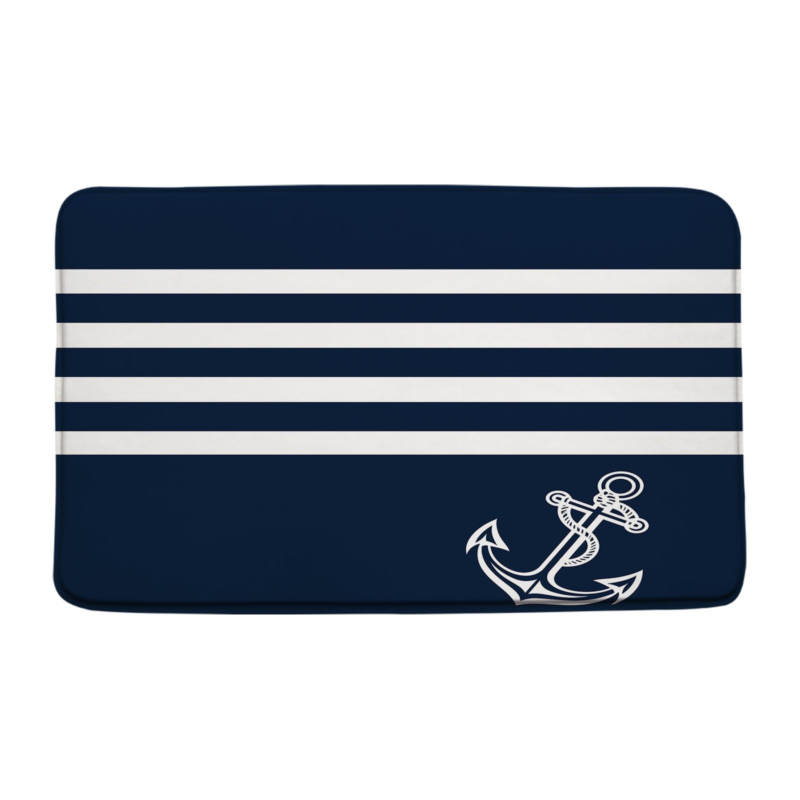 DSMEUE Nautical Anchor Bathroon Runner Rug,Geometric Striped Navy Blue White Kitchen Doormat Bath Mats,16x24 Inch