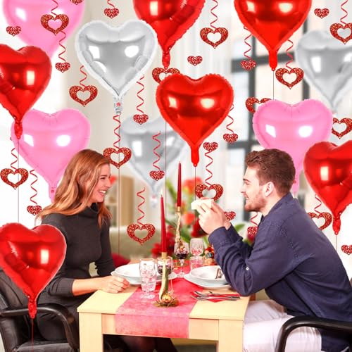 Image of 24 Pcs Red Pink Silver Heart Balloons, 100 Pcs Hearts Hanging Streamers, 18 Inch Heart Foil Balloons Valentine's Day Balloon Love Balloon for Valentines Day Proposal Wedding Party Decorations