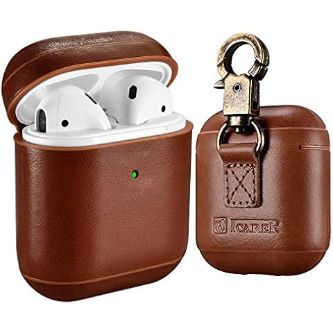 AirPods Leather Case, ICARER Genuine Leather AirPod case with Keychain and Led Light for Apple AirPods 2 Case & Airpods 1, Support Wireless Charging(Brown) Cover
