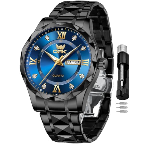 Image of OPK Watches for Men Diamond Roman Analog Mens Watches Waterproof Large Stainless Steel Men Wrist Watch Business Father Gift Watch Blue