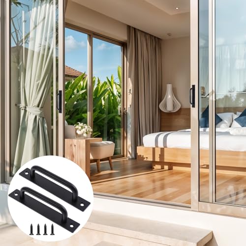 Image of 2 Pack Barn Door Handles Black 5 inch Hole 5.82 Inch Long Center Gate Handle Zinc Alloy Cabinet Handles Door with Plate Black Sliding Doors Handle for Kitchen Bathroom Closet Cabinet Pocket Doors