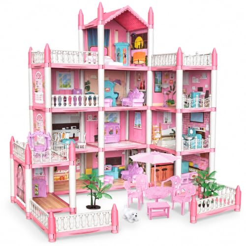 Image of Doll House for Girls 3+ Years, Large Multi-Level Pink Dollhouse with Furniture, Balconies, Rooms, Patio & Pretend Play Accessories, Dream House Toy