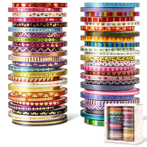 emmoolife 50 Rolls Skinny Washi Tape Set 3mm Wide Gold Foil Print Masking Thin Basic Patterns Decorative Tapes for Scrapbooking Junk Journal Supplies Bullet Journaling Craft Tape for Women Girl