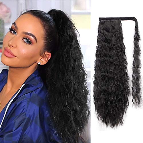 Long Ponytail Extensions for Women Synthetic Wrap Around Wavy Ponytail Black 22 Inch Curly Ponytails Magic Paste Heat Resistant Wavy Hairpieces