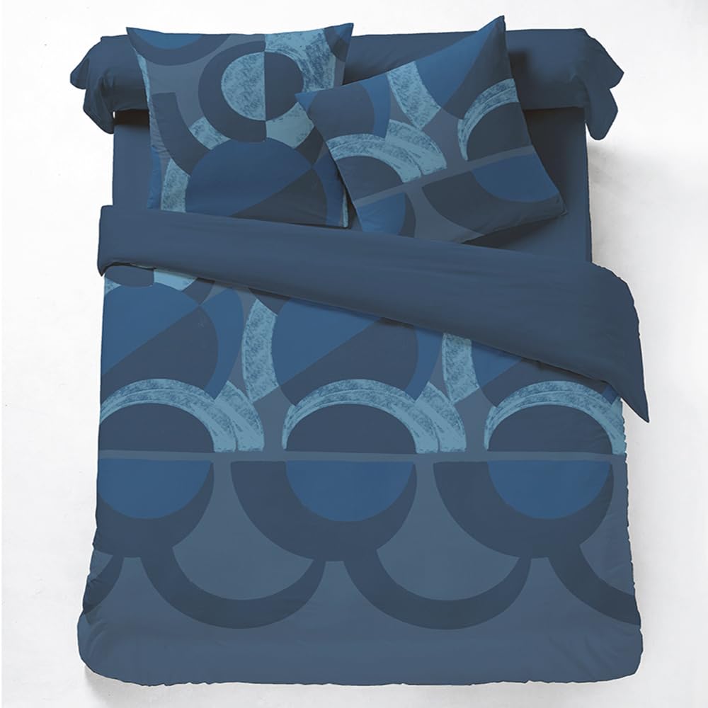 Parure de Lit Alex - Housse de Couette 100% Coton 57 Fils Imprimée Motifs Géométriques - Bleu - Certifiée Oeko-Tex - 260x240 CM + 2 Taies