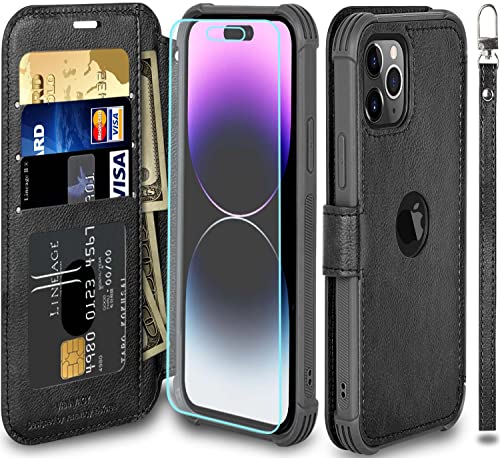 VANAVAGY Compatible for iPhone 14 Pro Wallet Case for Women and Men,RFID Flip Leather Cover with Wrist Supports Wireless Charging with Card Holder and Glass Screen Protector,Black